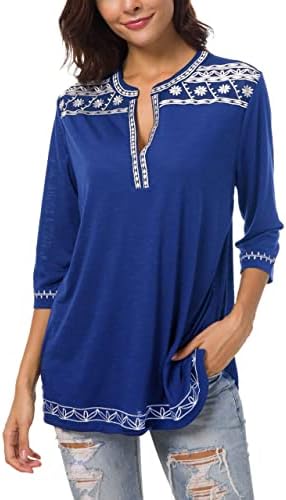 3/4 Sleeve Boho Shirts Embroidered Peasant Top, Royal Blue