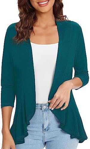 3/4 Sleeve Casual Cardigans for Women Trendy Open Front Lightweight Cover Ups, Dark Teal