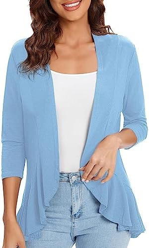 3/4 Sleeve Casual Cardigans for Women Trendy Open Front Lightweight Cover Ups, Light Blue