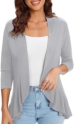 3/4 Sleeve Casual Cardigans for Women Trendy Open Front Lightweight Cover Ups, Light Grey