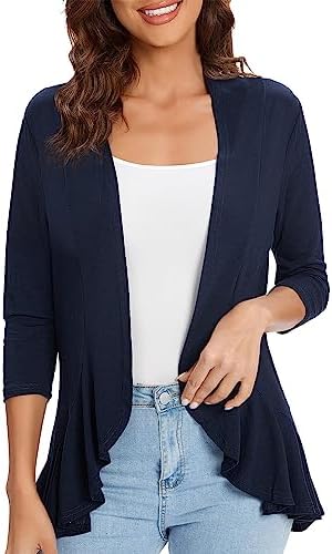 3/4 Sleeve Casual Cardigans for Women Trendy Open Front Lightweight Cover Ups, Navy Blue