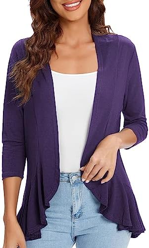 3/4 Sleeve Casual Cardigans for Women Trendy Open Front Lightweight Cover Ups, Purple