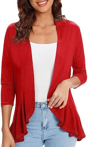 3/4 Sleeve Casual Cardigans for Women Trendy Open Front Lightweight Cover Ups, Red