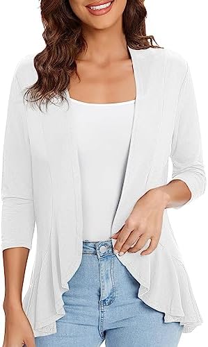 3/4 Sleeve Casual Cardigans for Women Trendy Open Front Lightweight Cover Ups, White