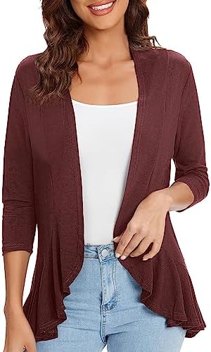 3/4 Sleeve Casual Cardigans for Women Trendy Open Front Lightweight Cover Ups, Windsor Wine