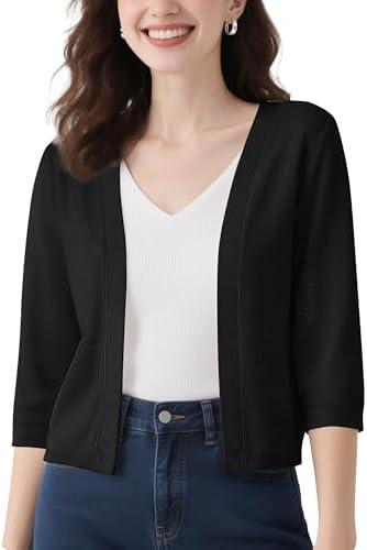 3/4 Sleeve Cropped Cardigan Casual Open Front Cover Up, Black