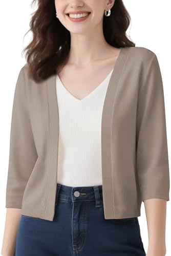 3/4 Sleeve Cropped Cardigan Casual Open Front Cover Up, Camel