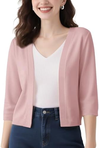 3/4 Sleeve Cropped Cardigan Casual Open Front Cover Up, Pink