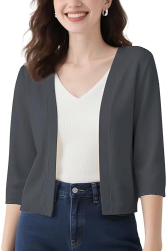 3/4 Sleeve Cropped Cardigan Casual Open Front Cover Up, Slate