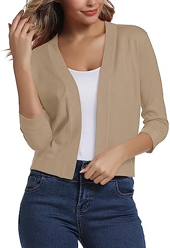 3/4 Sleeve Cropped Cardigan Sweater Elegant Shrugs for Women, Apricot