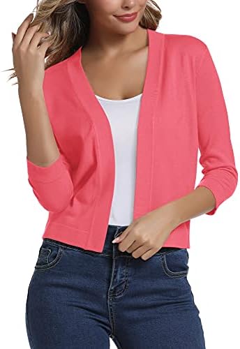 3/4 Sleeve Cropped Cardigan Sweater Elegant Shrugs for Women, Coral