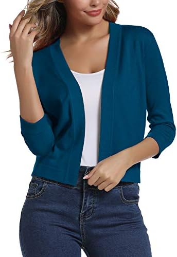 3/4 Sleeve Cropped Cardigan Sweater Elegant Shrugs for Women, Indigo Blue