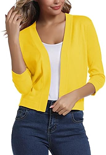 3/4 Sleeve Cropped Cardigan Sweater Elegant Shrugs for Women, Lemon Yellow