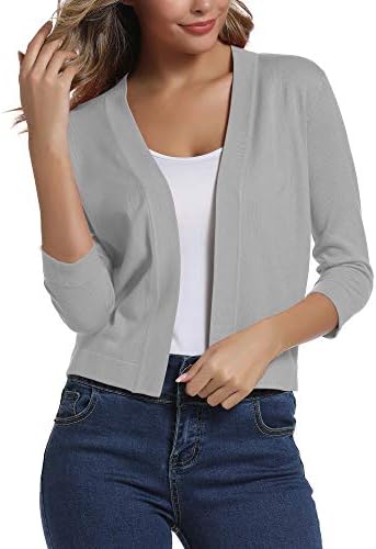 3/4 Sleeve Cropped Cardigan Sweater Elegant Shrugs for Women, Light Gray