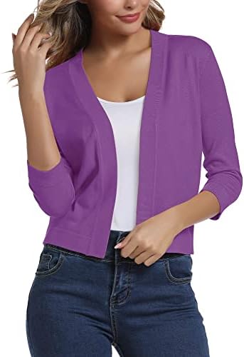 3/4 Sleeve Cropped Cardigan Sweater Elegant Shrugs for Women, Light Purple