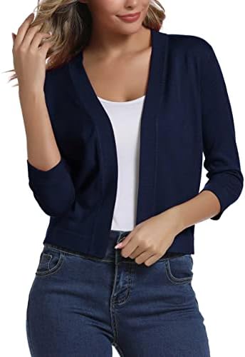 3/4 Sleeve Cropped Cardigan Sweater Elegant Shrugs for Women, Navy Blue