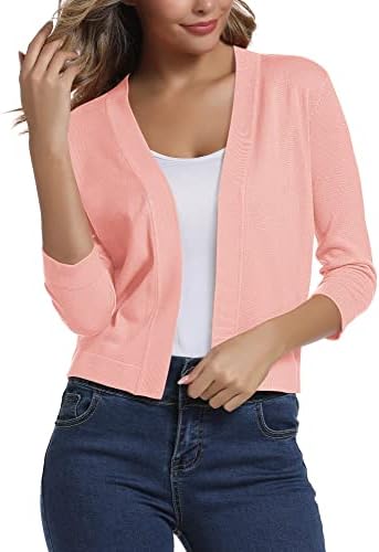 3/4 Sleeve Cropped Cardigan Sweater Elegant Shrugs for Women, Pink