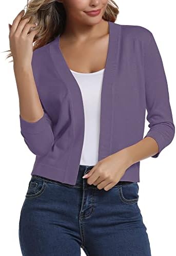 3/4 Sleeve Cropped Cardigan Sweater Elegant Shrugs for Women, Purple