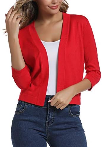 3/4 Sleeve Cropped Cardigan Sweater Elegant Shrugs for Women, Red