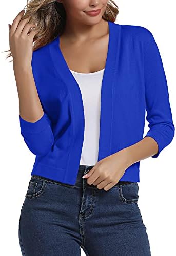 3/4 Sleeve Cropped Cardigan Sweater Elegant Shrugs for Women, Royal Blue
