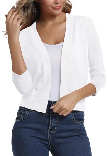 3/4 Sleeve Cropped Cardigan Sweater Elegant Shrugs for Women, White