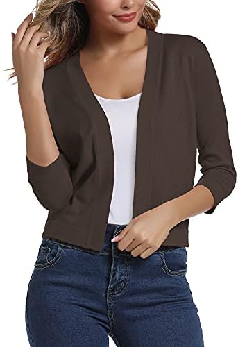 3/4 Sleeve Cropped Cardigan Sweater Shrug for Dresses, Brown