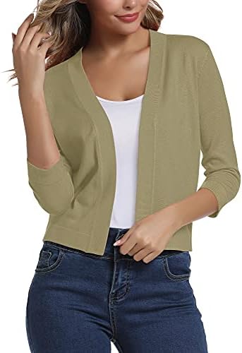 3/4 Sleeve Cropped Cardigan Sweater Shrug for Dresses, Camel