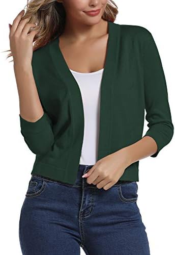3/4 Sleeve Cropped Cardigan Sweater Shrug for Dresses, Dark Green