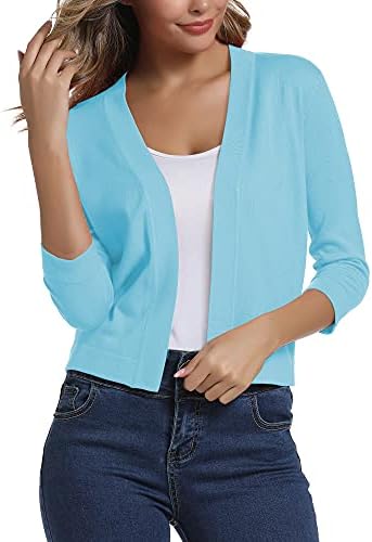 3/4 Sleeve Cropped Cardigan Sweater Shrug for Dresses, Light Blue