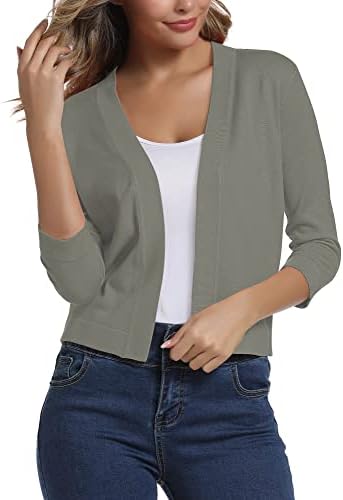 3/4 Sleeve Cropped Cardigan Sweater Shrug for Dresses, Washed Olive