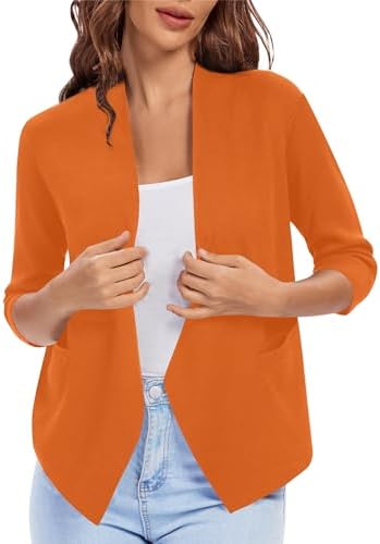 3/4 Sleeve Cropped Open Front Cardigan Knit Lightweight V Neck Knit Bolero Shrugs with Pockets, Orange