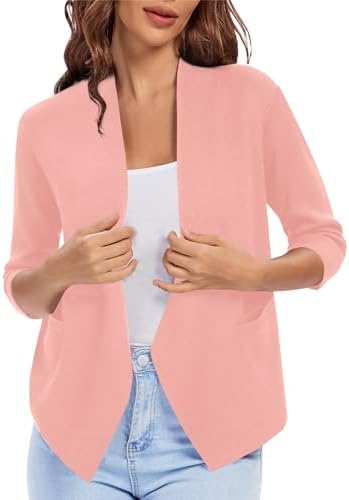 3/4 Sleeve Cropped Open Front Cardigan Knit Lightweight V Neck Knit Bolero Shrugs with Pockets, Pink