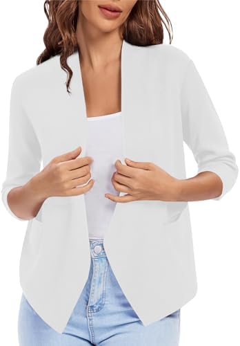 3/4 Sleeve Cropped Open Front Cardigan Knit Lightweight V Neck Knit Bolero Shrugs with Pockets, White