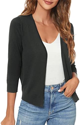 3/4 Sleeve Lightweight Open Front Knit Shrug Cardigan, Black