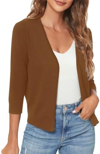 3/4 Sleeve Lightweight Open Front Knit Shrug Cardigan, Brown