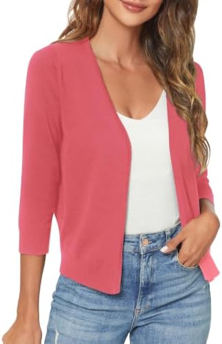 3/4 Sleeve Lightweight Open Front Knit Shrug Cardigan, Coral