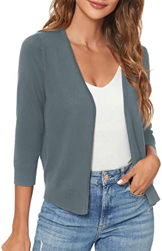 3/4 Sleeve Lightweight Open Front Knit Shrug Cardigan, Deep Grey
