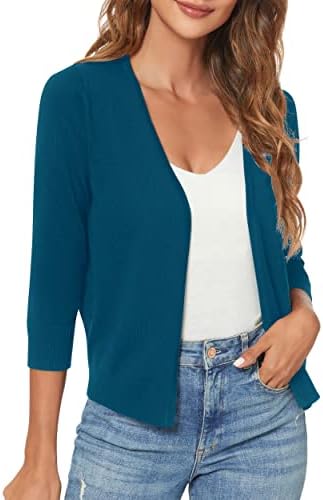 3/4 Sleeve Lightweight Open Front Knit Shrug Cardigan, Indigo Blue