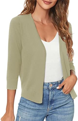 3/4 Sleeve Lightweight Open Front Knit Shrug Cardigan, Khaki