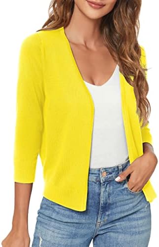 3/4 Sleeve Lightweight Open Front Knit Shrug Cardigan, Lemon Yellow