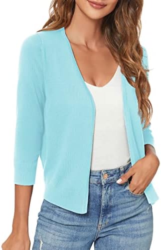 3/4 Sleeve Lightweight Open Front Knit Shrug Cardigan, Light Blue