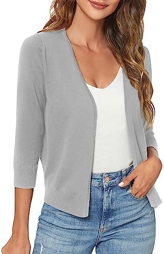 3/4 Sleeve Lightweight Open Front Knit Shrug Cardigan, Light Gray