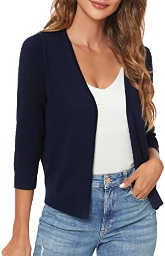 3/4 Sleeve Lightweight Open Front Knit Shrug Cardigan, Navy Blue