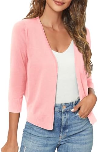 3/4 Sleeve Lightweight Open Front Knit Shrug Cardigan, Pink