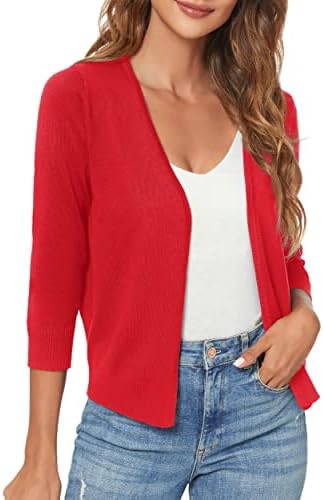 3/4 Sleeve Lightweight Open Front Knit Shrug Cardigan, Red