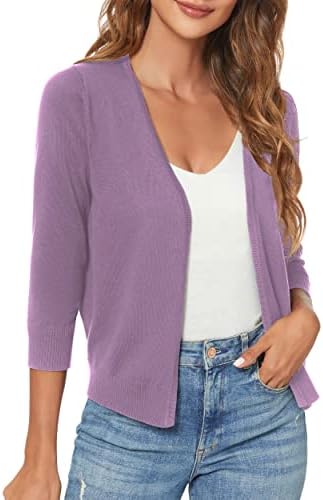3/4 Sleeve Lightweight Open Front Knit Shrug Cardigan, Violet