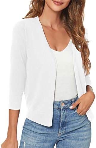 3/4 Sleeve Lightweight Open Front Knit Shrug Cardigan, White