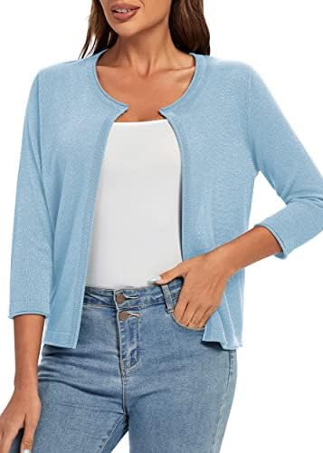 3/4 Sleeve Open Front Shrugs Lightweight Crew Neck Cardigan Sweater, Blue