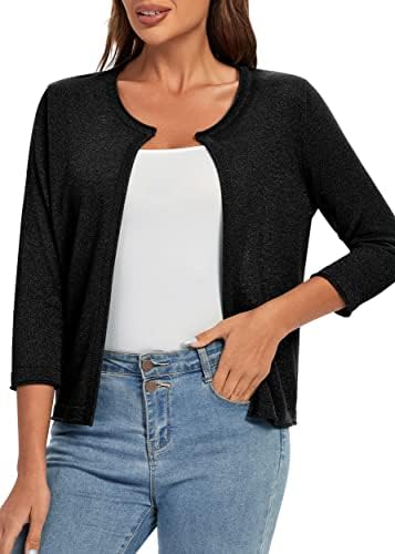 3/4 Sleeve Open Front Shrugs Lightweight Crew Neck Cardigan Sweater