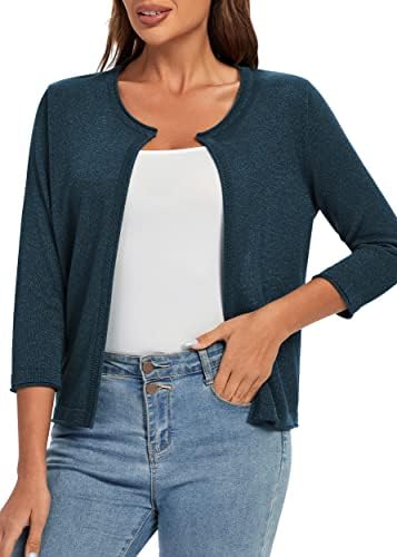 3/4 Sleeve Open Front Shrugs Lightweight Crew Neck Cardigan Sweater, Navy Blue